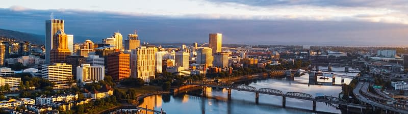 Oregon, buildings, waterfront, sunset
