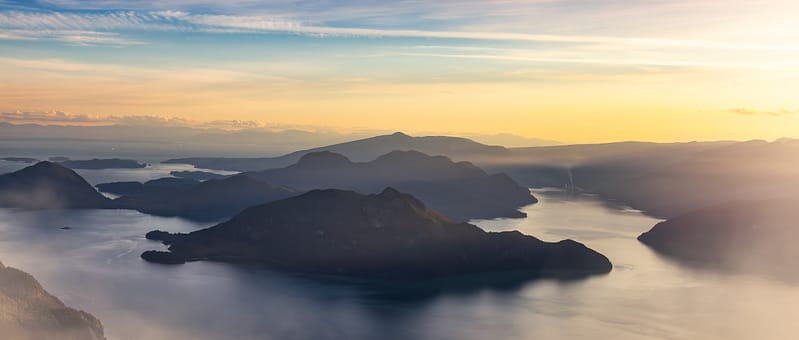 Mountains and Islands on the West Coast of Pacific Ocean. Canadian Nature Landscape. BC, Canada. Aerial.