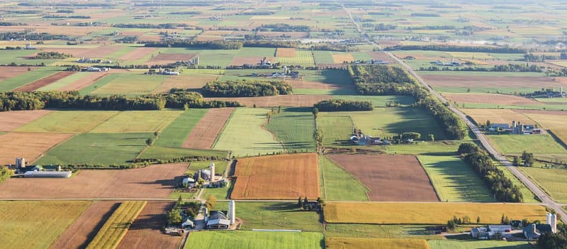 A birds eye view of agricultural fields, with boxes of crops and farming equipment.