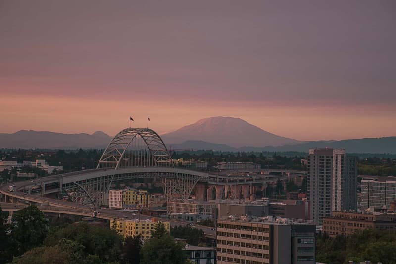 Sunset view of Mt Hood from Portland Metro