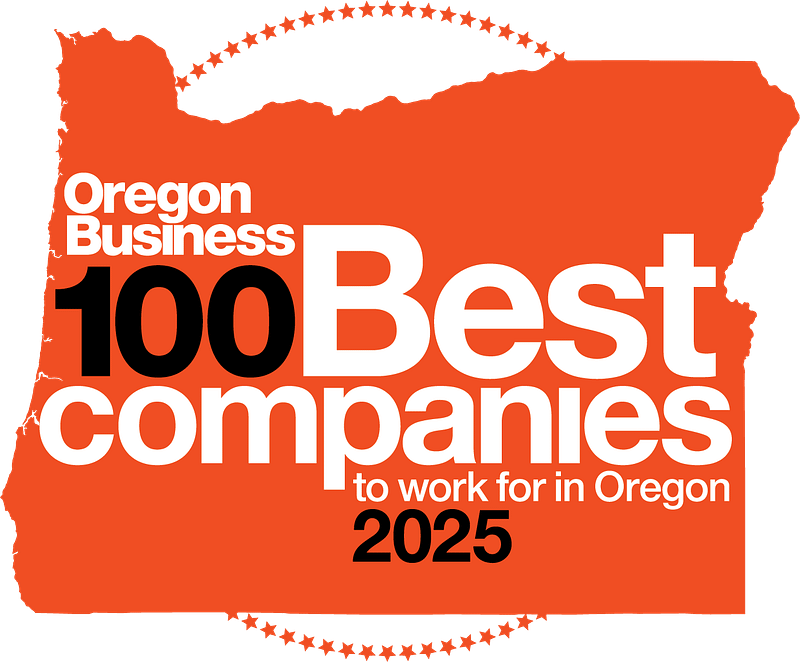 100 Best Companies to Work For 2025 by Oregon Business Magazine, orange logo which is a silhouette of Oregon.