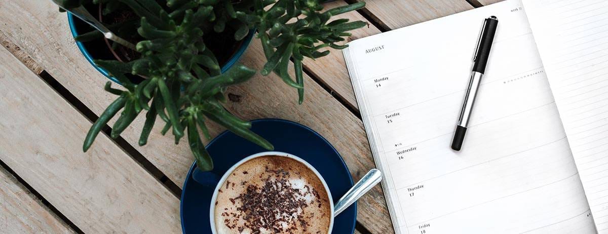 A top down view of a weekly planner book, a cup of coffee on a blue saucer with a spoon, and a plant on a wooden table.