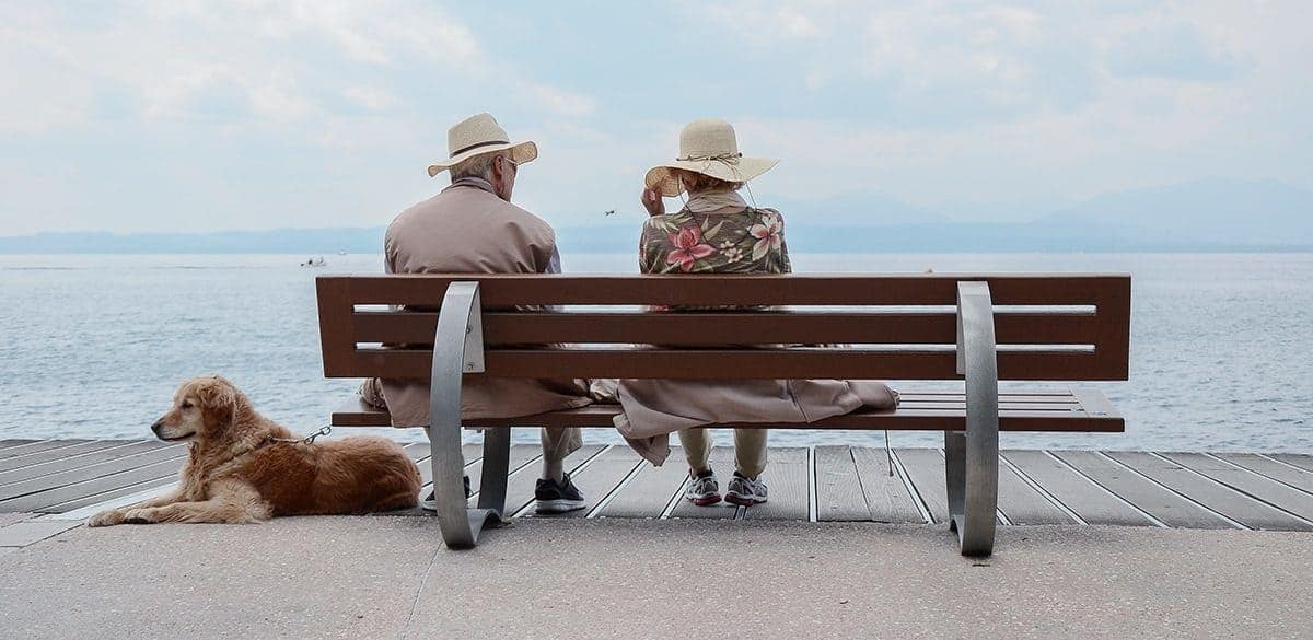 An older couple with hats on sitting on a bench overlooking the ocean with a golden retriever on a leash.