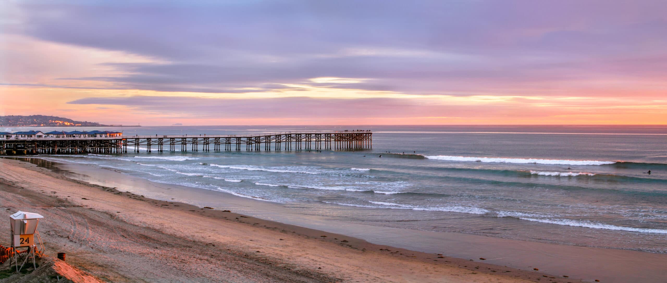 A Beautiful And Lazy Sunset Over The Truly "Pacific" Ocean On This Evening As Waves Roll Across The Long Wide Beach Near San Diego, California, USA