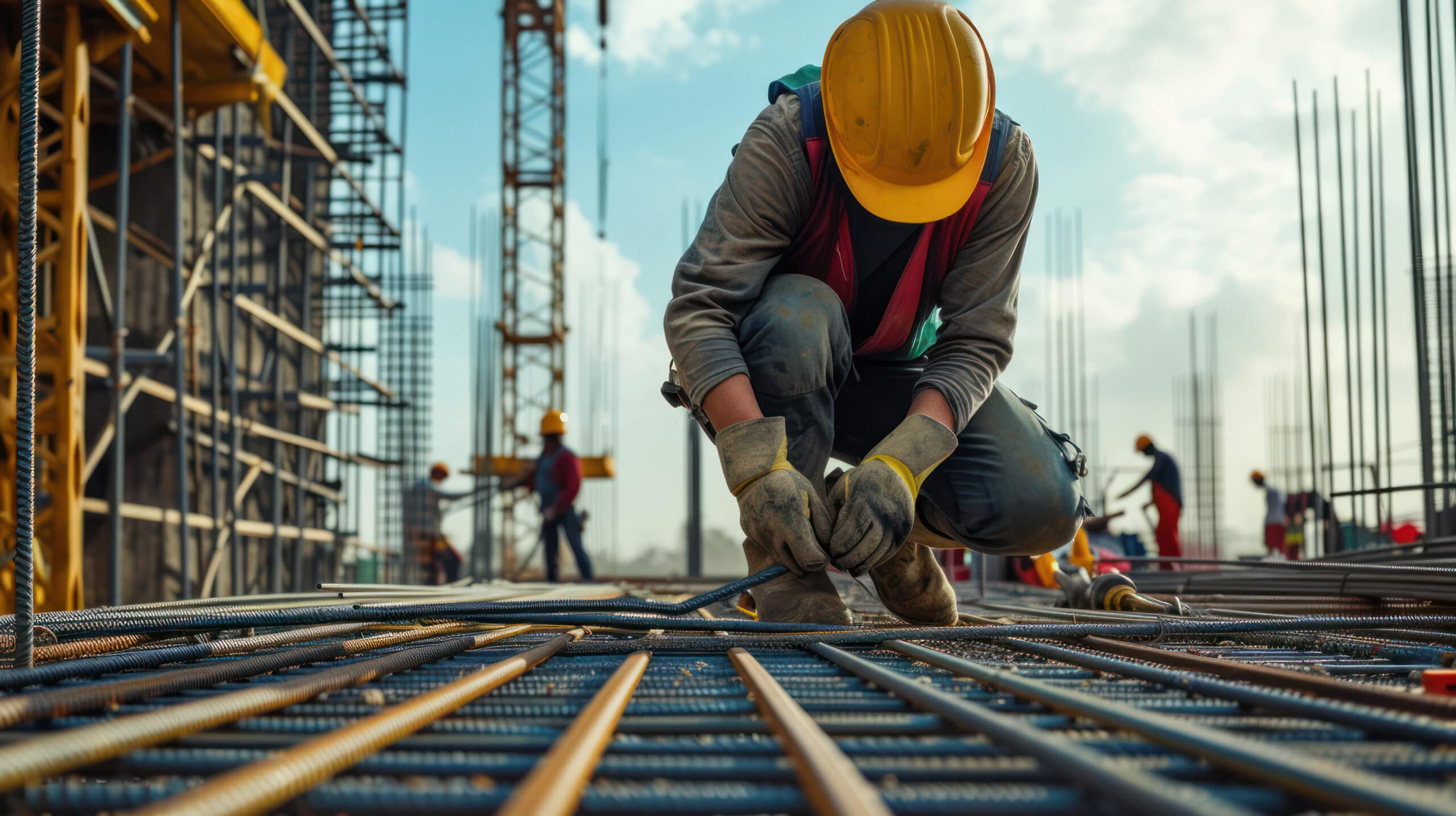 Construction worker working on steel at construction site during the day with a crane in the background.