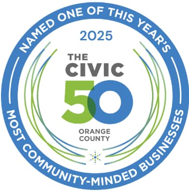 A circular blue and green logo for the 2025 Civic 50 Award of most community minded businesses.