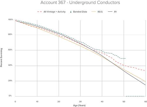 Graph comparing age in years to percentage of survival