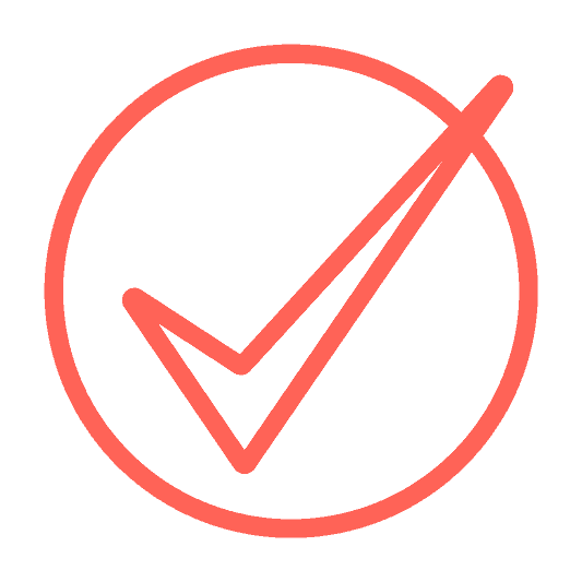 An icon of a check mark in a circle, colored in Aldrich coral.