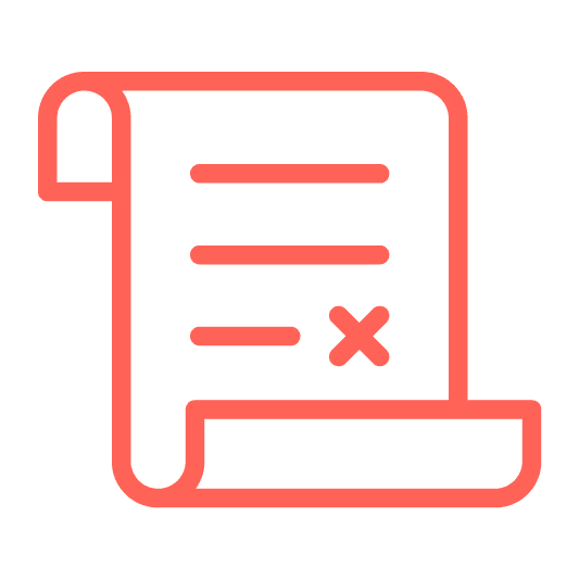 An icon of a paper with lines, signifying writing and colored in Aldrich branded coral.