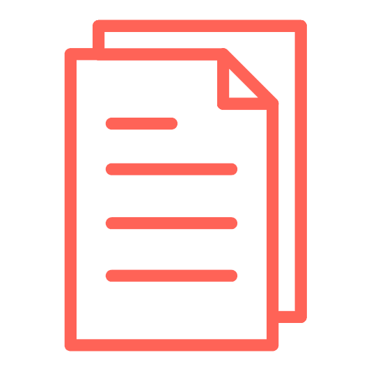 An icon of two pages, the front one with lines signifying text on the page, colored in Aldrich coral.