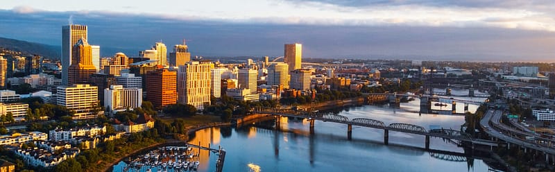 Oregon, buildings, waterfront, sunset