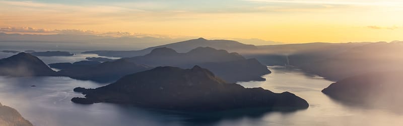 Mountains and Islands on the West Coast of Pacific Ocean. Canadian Nature Landscape. BC, Canada. Aerial.