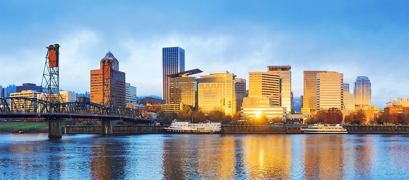 tranquil water,cityscape and skyline of portland at sunrise
