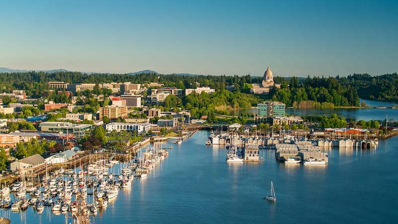 City of Olympia during sunset with state capitol building in background