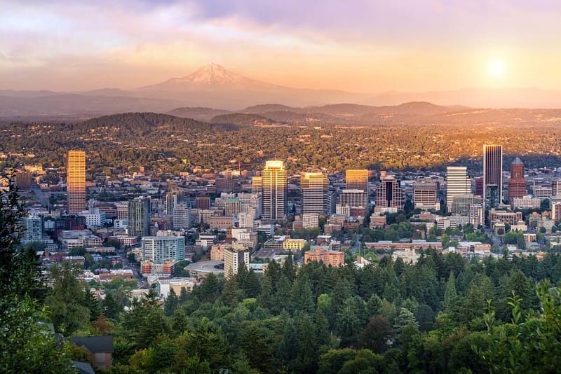 Downtown Portland, Oregon at sunset from Pittock Mansion.