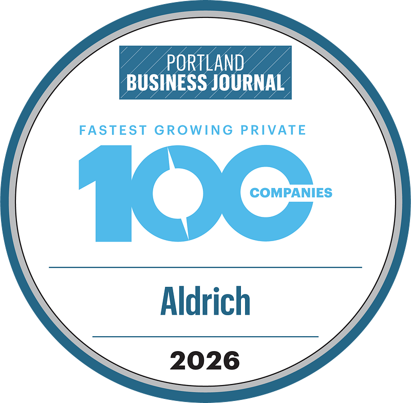 The web badge for Portland Business Journal's Fastest Growing Private 100 Companies Badge, with Aldrich and 2026 in the bottom; Aldrich sreves private company owners in the West with CPA, Transaction Advisory, wealth, corporate retirement, transition planning, and strategic solutions/cybersecurity.