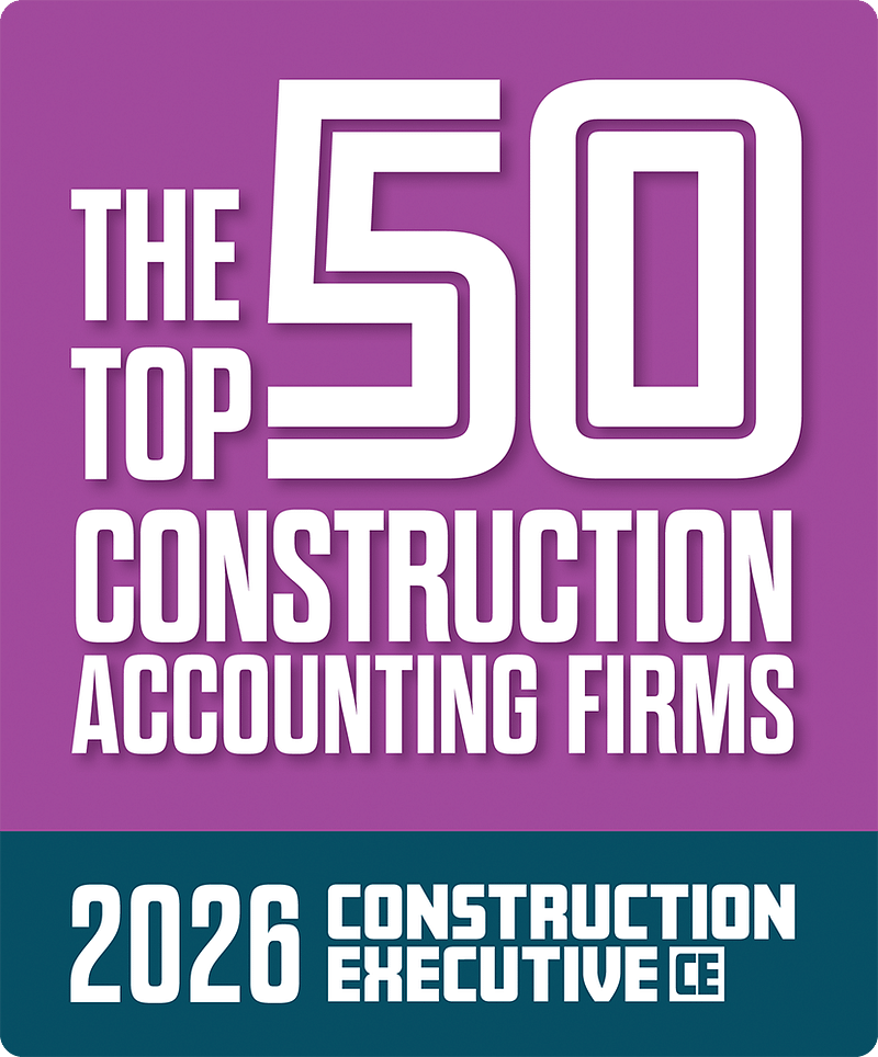 Construction Executive top 50 Accounting Firms Award logo in purple, which Aldrich is among the top 15 in 2026.