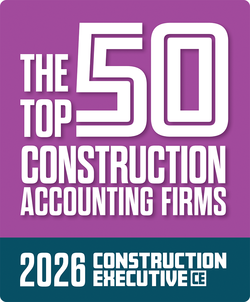 Construction Executive top 50 Accounting Firms Award logo in purple, which Aldrich is among the top 15 in 2026.