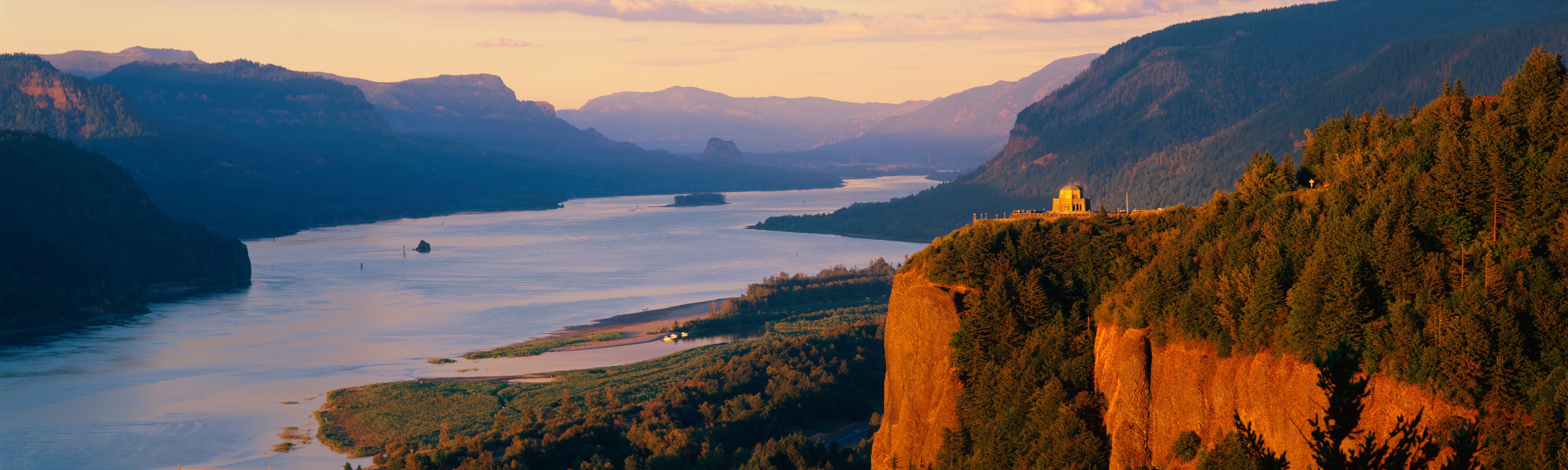 This is Crown Point overlooking the Columbia River at sunset. It is also known as Woman's View.