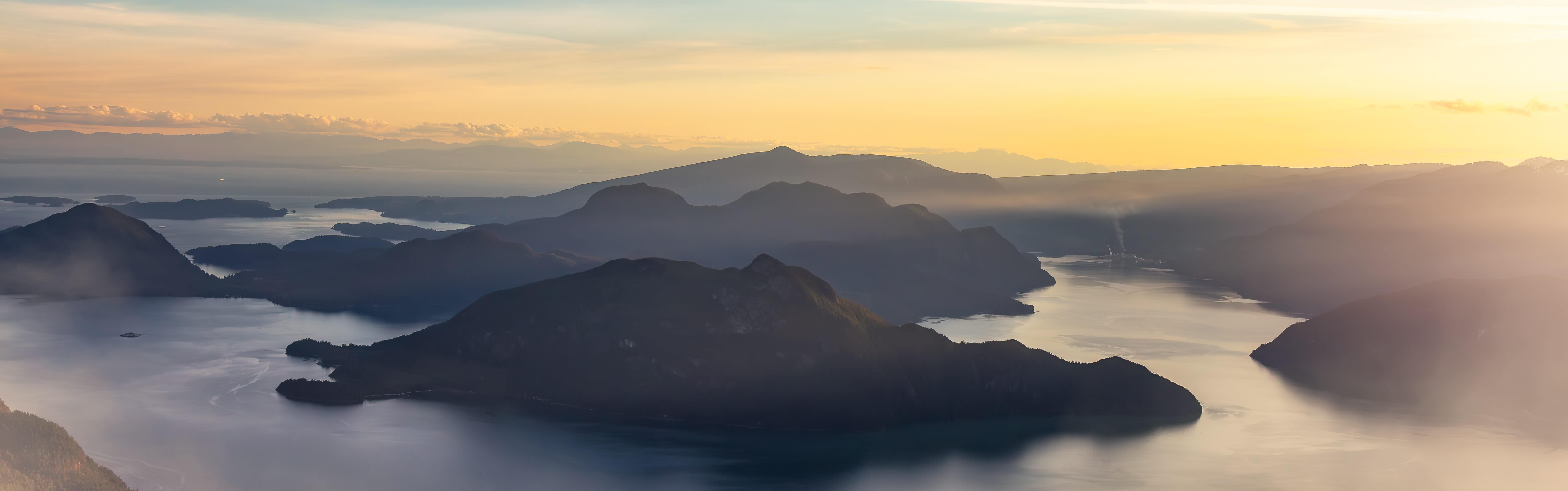 Mountains and Islands on the West Coast of Pacific Ocean. Canadian Nature Landscape. BC, Canada. Aerial.