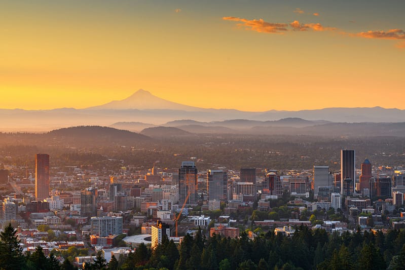 Portland, Oregon, USA skyline at dawn with Mt. Hood in the distance at dawn, where Aldrich is among one of the top Private Companies.