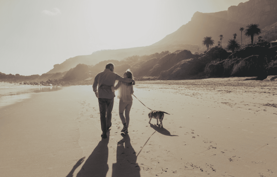 Retired couple walking on a beach with their dog enjoying the sunshine