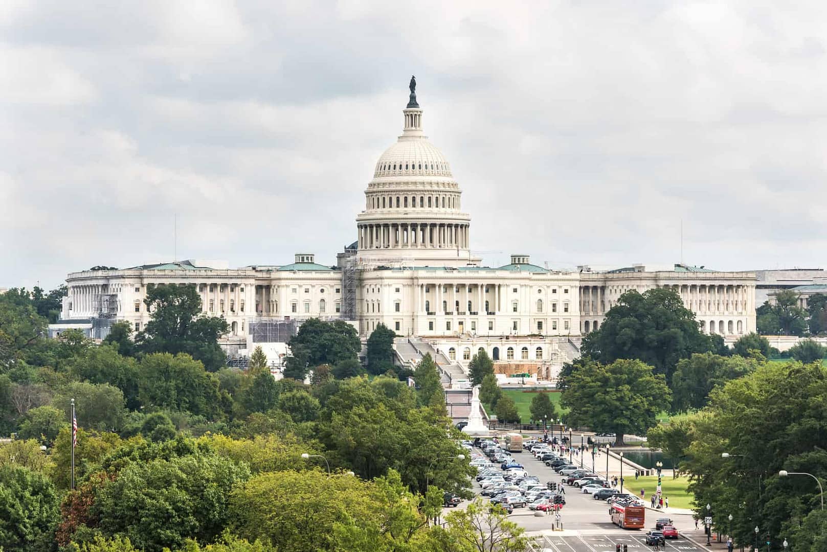 Aerial view of United States Congress on overcast cloudy day in Washington DC